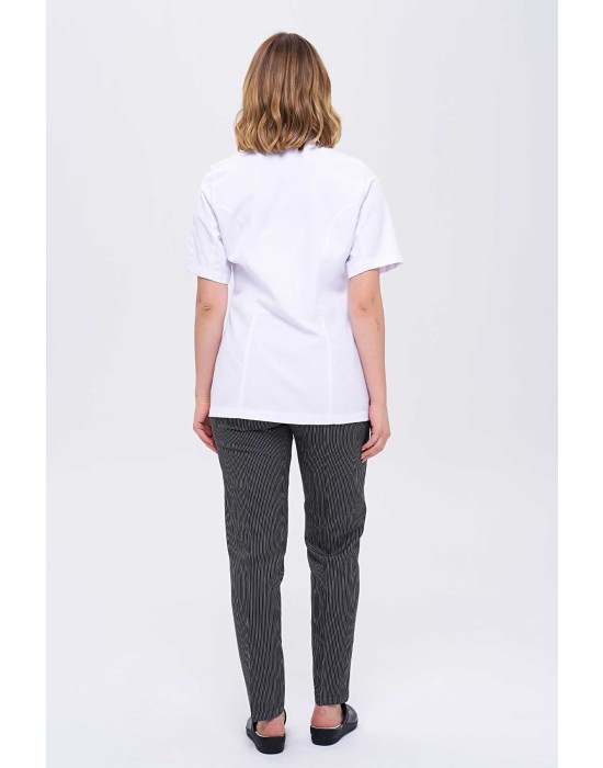 Kadın Royal Kısa Kol Beyaz Aşçı Ceketi ve İnce Çizgili Tüm Lastikli Aşçı Pantolonlu ikili Aşçı Takım - Beyaz