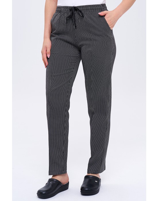 Kadın Royal Kısa Kol Beyaz Aşçı Ceketi ve İnce Çizgili Tüm Lastikli Aşçı Pantolonlu ikili Aşçı Takım - Beyaz