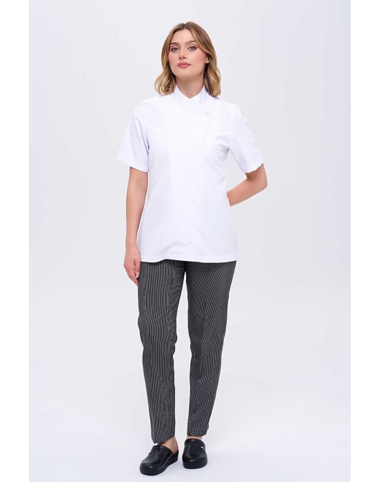 Kadın Royal Kısa Kol Beyaz Aşçı Ceketi ve İnce Çizgili Tüm Lastikli Aşçı Pantolonlu ikili Aşçı Takım - Beyaz