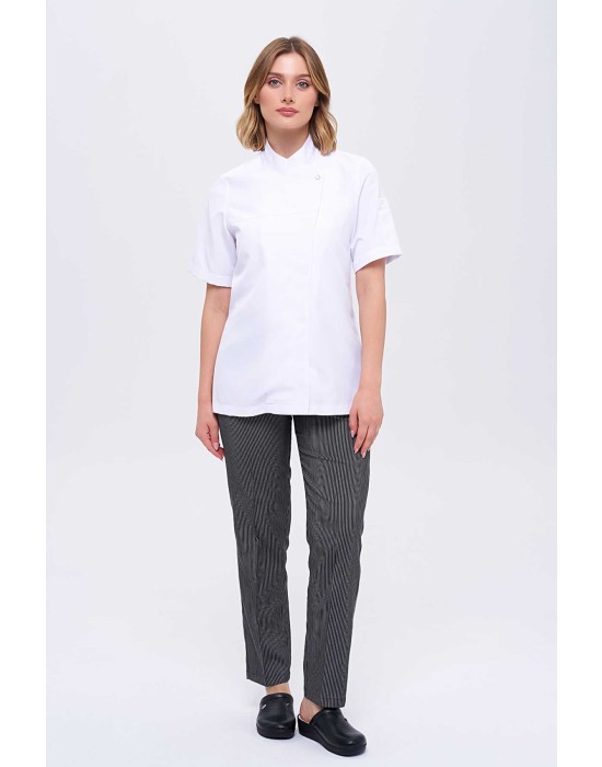 Kadın Royal Kısa Kol Beyaz Aşçı Ceketi ve İnce Çizgili Tüm Lastikli Aşçı Pantolonlu ikili Aşçı Takım - Beyaz