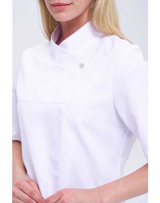 Kadın Royal Kısa Kol Beyaz Aşçı Ceketi ve İnce Çizgili Tüm Lastikli Aşçı Pantolonlu ikili Aşçı Takım - Beyaz