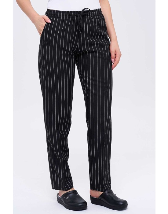 KADIN KISAKOL GARNİLİ ROYAL ŞEF CEKETİ ve KALIN ÇİZGİLİ TÜM LASTİKLİ AŞÇI PANTOLON İKİLİ TAKIM - Siyah