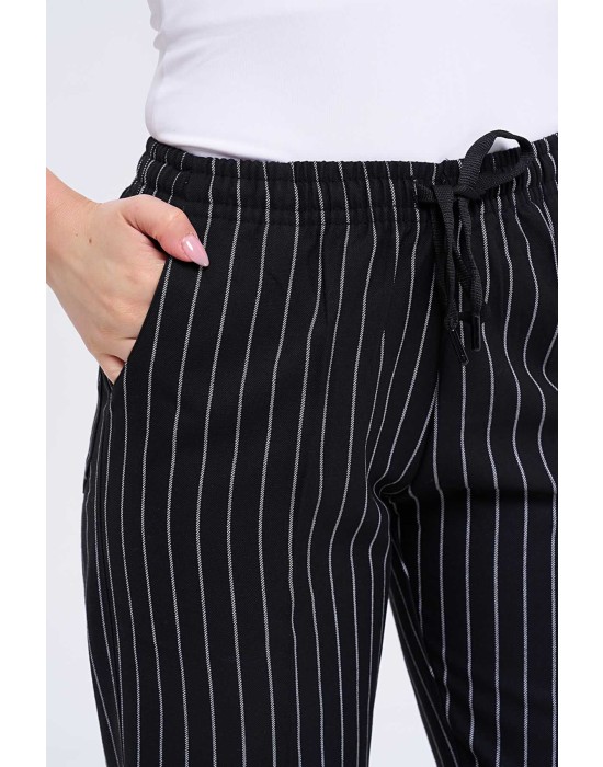 KADIN KISAKOL GARNİLİ ROYAL ŞEF CEKETİ ve KALIN ÇİZGİLİ TÜM LASTİKLİ AŞÇI PANTOLON İKİLİ TAKIM - Siyah