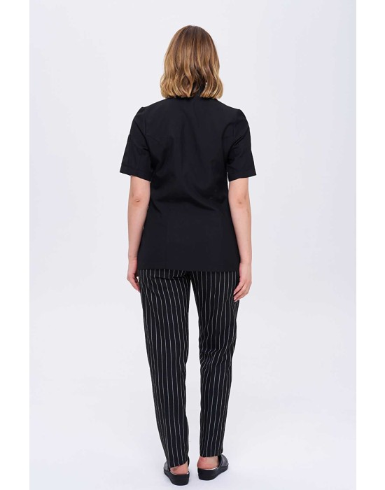KADIN KISAKOL GARNİLİ ROYAL ŞEF CEKETİ ve KALIN ÇİZGİLİ TÜM LASTİKLİ AŞÇI PANTOLON İKİLİ TAKIM - Siyah