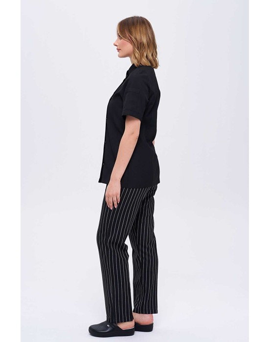 KADIN KISAKOL GARNİLİ ROYAL ŞEF CEKETİ ve KALIN ÇİZGİLİ TÜM LASTİKLİ AŞÇI PANTOLON İKİLİ TAKIM - Siyah