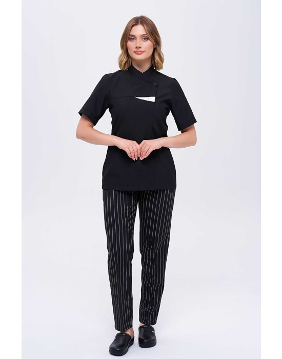 KADIN KISAKOL GARNİLİ ROYAL ŞEF CEKETİ ve KALIN ÇİZGİLİ TÜM LASTİKLİ AŞÇI PANTOLON İKİLİ TAKIM - Siyah