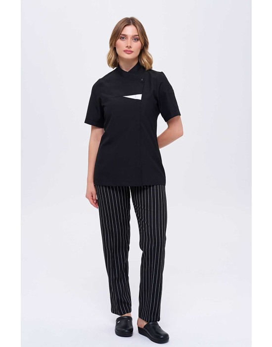 KADIN KISAKOL GARNİLİ ROYAL ŞEF CEKETİ ve KALIN ÇİZGİLİ TÜM LASTİKLİ AŞÇI PANTOLON İKİLİ TAKIM - Siyah