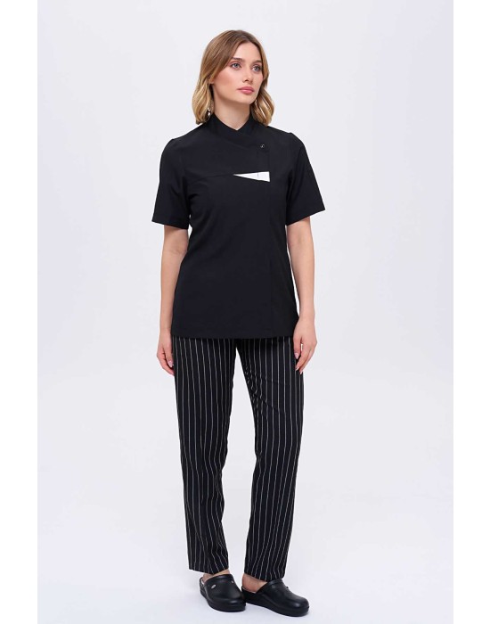 KADIN KISAKOL GARNİLİ ROYAL ŞEF CEKETİ ve KALIN ÇİZGİLİ TÜM LASTİKLİ AŞÇI PANTOLON İKİLİ TAKIM - Siyah