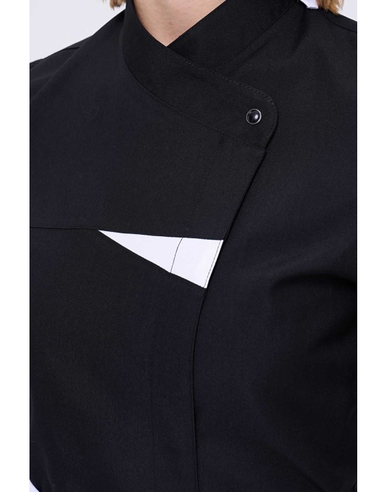 KADIN KISAKOL GARNİLİ ROYAL ŞEF CEKETİ ve KALIN ÇİZGİLİ TÜM LASTİKLİ AŞÇI PANTOLON İKİLİ TAKIM - Siyah