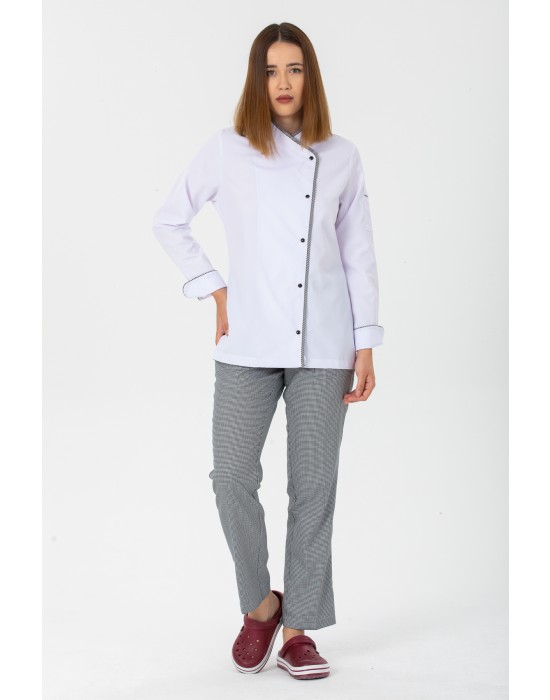 KADIN KLASİK BEYAZ AŞÇI CEKET, KEP + BEL ÖNLÜK - PÖTİKARE BİYELİ / PÖTİKARE PANTOLON AŞÇI SET - Beyaz