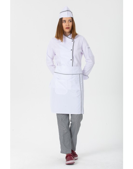 KADIN KLASİK BEYAZ AŞÇI CEKET, KEP + BEL ÖNLÜK - PÖTİKARE BİYELİ / PÖTİKARE PANTOLON AŞÇI SET - Beyaz