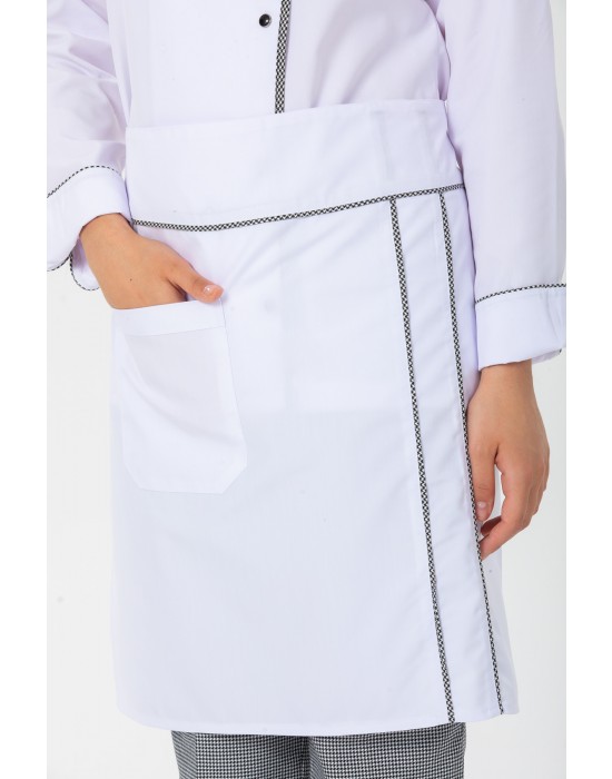 KADIN KLASİK BEYAZ AŞÇI CEKET, KEP + BEL ÖNLÜK - PÖTİKARE BİYELİ / PÖTİKARE PANTOLON AŞÇI SET - Beyaz