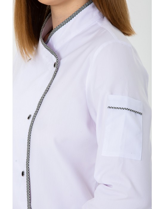 KADIN KLASİK BEYAZ AŞÇI CEKET, KEP + BEL ÖNLÜK - PÖTİKARE BİYELİ / PÖTİKARE PANTOLON AŞÇI SET - Beyaz