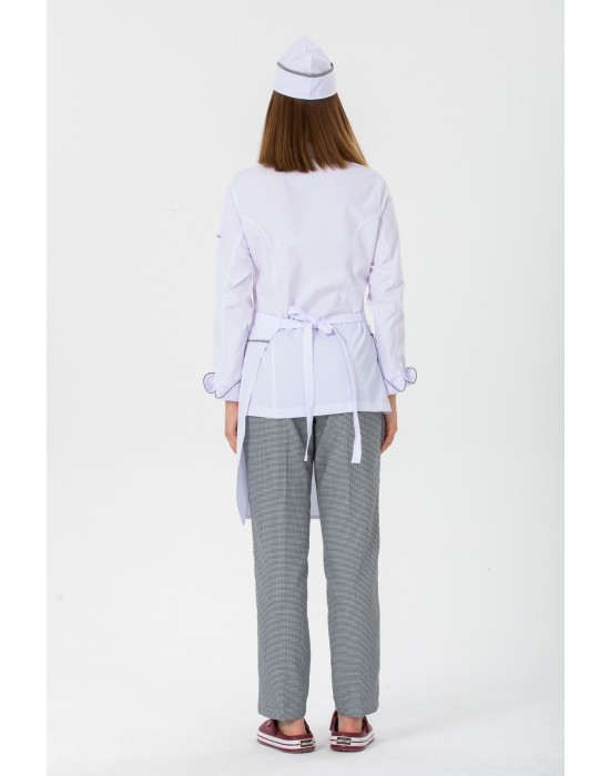 KADIN KLASİK BEYAZ AŞÇI CEKET, KEP + BEL ÖNLÜK - PÖTİKARE BİYELİ / PÖTİKARE PANTOLON AŞÇI SET - Beyaz