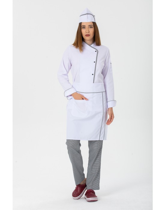 KADIN KLASİK BEYAZ AŞÇI CEKET, KEP + BEL ÖNLÜK - PÖTİKARE BİYELİ / PÖTİKARE PANTOLON AŞÇI SET - Beyaz