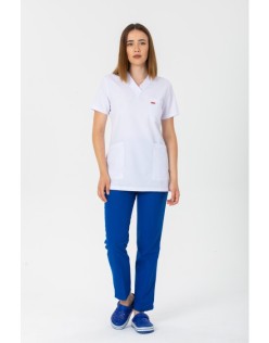 KADIN ALPAKA V YAKA TAKIM (SAKS MAVİ PANTALON) - Beyaz-Saks Mavi