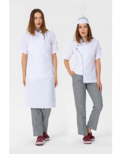 KADIN COMFORT BEYAZ AŞÇI CEKET , KEP ve ASKILI ÖNLÜK- PÖTİKARE BİYELİ / PÖTİKARELİ PANTOLON DÖRTLÜ SET - Beyaz