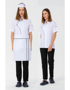 KADIN COMFORT KIRMIZI AŞÇI CEKET ve KEP -SİYAH BİYE / SİYAH BEL ÖNLÜK-KIRMIZI BİYE ve SİYAH PANTOLON SET - Beyaz