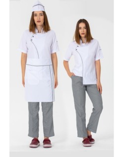 KADIN COMFORT BEYAZ AŞÇI CEKET , KEP ve BEL ÖNLÜK- PÖTİKARE BİYELİ / PÖTİKARELİ PANTOLON DÖRTLÜ SET - Beyaz