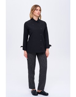 KADIN ELEGANT UZUN KOL SİYAH AŞÇI CEKET ve ÇİFT ÇİZGİLİ TÜM LASTİK PANTOLONLU İKİLİ AŞÇI TAKIM - Siyah