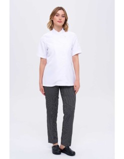 Kadın Royal Kısa Kol Beyaz Aşçı Ceketi ve İnce Çizgili Tüm Lastikli Aşçı Pantolonlu ikili Aşçı Takım - Beyaz