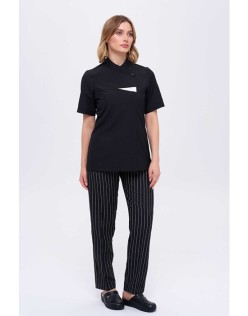 KADIN KISAKOL GARNİLİ ROYAL ŞEF CEKETİ ve KALIN ÇİZGİLİ TÜM LASTİKLİ AŞÇI PANTOLON İKİLİ TAKIM - Siyah