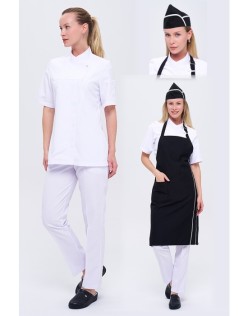 KADIN ROYAL KISA KOL BEYAZ AŞÇI CEKET ve PANTOLON,  SİYAH ASILI ÖNLÜK ve KEP-BEYAZ BİYELİ DÖRTLÜ AŞÇI SET - Beyaz