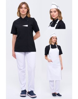 KADIN ROYAL GARNİLİ SİYAH AŞÇI CEKET ve BEYAZ TÜM LASTİK PANTOLON / BEYAZ ASKILI ÖNLÜK ve KEP PÖTİKARE BİYELİ SET - Siyah