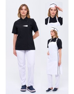 KADIN ROYAL GARNİLİ SİYAH ŞEF CEKETİ ve BEYAZ PANTOLON / BEYAZ KEP + ASKILI ÖNLÜK -SİYAH BİYELİ - Siyah