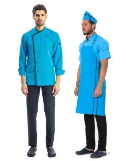 ERKEK KLASİK TURKUAZ AŞÇI CEKET, KEP + ASKILI ÖNLÜK - SİYAH BİYE / SİYAH PANTOLON DÖRTLÜ AŞÇI SET - Turkuaz