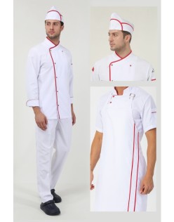 ERKEK KLASİK BEYAZ AŞÇI CEKETİ, KEP, ASKILI ÖNLÜK ve PANTOLON- KIRMIZI BİYELİ DÖRTLÜ AŞÇI SET - Beyaz