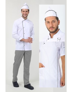 ERKEK KLASİK BEYAZ AŞÇI CEKETİ, KEP ve ASKILI ÖNLÜK- PÖTİKARE BİYELİ / PÖTİKARELİ PANTOLON DÖRTLÜ SET - Pötikare