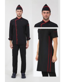 ERKEK KLASİK SİYAH AŞÇI CEKETİ, KEP, ASKILI ÖNLÜK ve PANTOLON- KIRMIZI BİYELİ DÖRTLÜ AŞÇI SET - Siyah