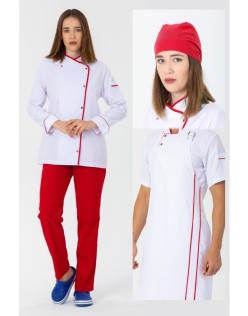 KADIN KLASİK BEYAZ AŞÇI CEKETİ ve ASKILI ÖNLÜK - KIRMIZI BİYELİ / KIRMIZI AŞÇI PANTOLON ve ŞEF BANDANA - Beyaz