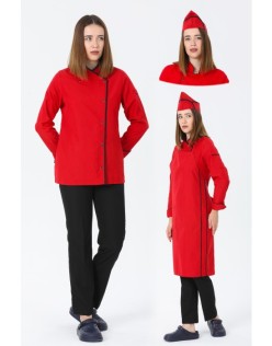 KADIN KLASİK KIRMIZI AŞÇI CEKETİ, KEP ve ASKILI ÖNLÜK -SİYAH BİYELİ / SİYAH PANTOLON DÖRTLÜ AŞÇI SET - Kırmızı