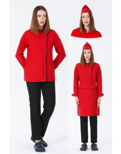 KADIN KLASİK KIRMIZI AŞÇI CEKETİ,  KEP ve BEL ÖNLÜK -SİYAH BİYELİ / SİYAH AŞÇI PANTOLON - Kırmızı