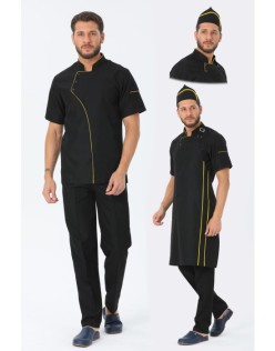 COMFORT ERKEK SİYAH AŞÇI CEKET, ASKILI ÖNLÜK ve KEP - SARI BİYE / SİYAH AŞÇI PANTOLON DÖRTLÜ SET - Siyah