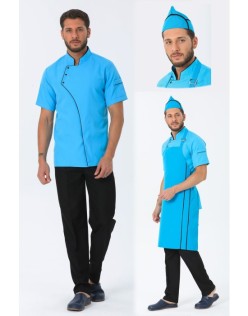 COMFORT ERKEK TURKUAZ AŞÇI CEKETİ, ASKILI ÖNLÜK, KEP - SİYAH BİYE ve SİYAH AŞÇI PANTOLON DÖRTLÜ SET - Turkuaz