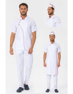 COMFORT ERKEK BEYAZ AŞÇI CEKETİ, ASKILI ÖNLÜK, KEP - KIRMIZI BİYE ve BEYAZ AŞÇI PANTOLON DÖRTLÜ SET - KırmızıBiye-Beyaz