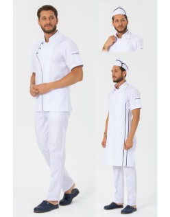 COMFORT ERKEK BEYAZ AŞÇI CEKETİ, ASKILI ÖNLÜK, KEP - SİYAH BİYE ve BEYAZ AŞÇI PANTOLON DÖRTLÜ SET - SiyahBiye-Beyaz