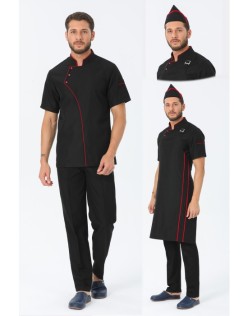 COMFORT ERKEK SİYAH AŞÇI CEKETİ, ASKILI ÖNLÜK, KEP -KIRMIZI BİYE ve SİYAH AŞÇI PANTOLON DÖRTLÜ SET - KırmızıBiye-Siyah