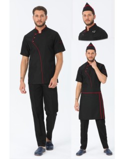 COMFORT ERKEK SİYAH AŞÇI CEKETİ, BEL ÖNLÜK, KEP -KIRMIZI BİYE ve SİYAH AŞÇI PANTOLON DÖRTLÜ SET - KırmızıBiye-Siyah