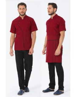 COMFORT ERKEK BORDO AŞÇI CEKETİ, BEL ÖNLÜK, KEP -SİYAH BİYE ve SİYAH AŞÇI PANTOLON DÖRTLÜ SET - SiyahBiye-Bordo