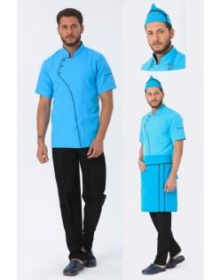 COMFORT ERKEK TURKUAZ AŞÇI CEKETİ, BEL ÖNLÜK, KEP -SİYAH BİYE ve SİYAH AŞÇI PANTOLON DÖRTLÜ SET - SiyahBiye-Turkuaz