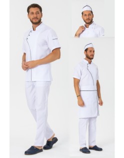 COMFORT ERKEK BEYAZ AŞÇI CEKETİ, BEL ÖNLÜK, KEP -SİYAH BİYE ve BEYAZ AŞÇI PANTOLON DÖRTLÜ SET - SiyahBiye-Beyaz