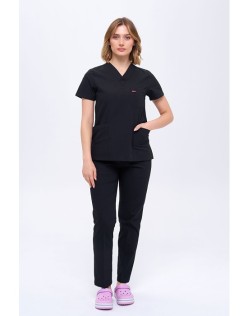 TERİKOTON KADIN V YAKA SCRUBS CERRAHİ FORMA TAKIM - Siyah