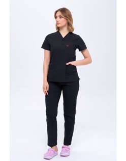 TERİKOTON KADIN V YAKA SCRUBS CERRAHİ FORMA TAKIM - Siyah