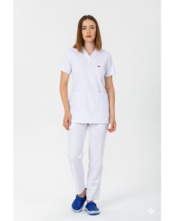 KADIN ALPAKA V YAKA BEYAZ TAKIM - Beyaz-Saks Mavi