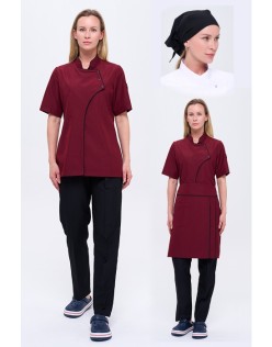 KADIN COMFORT BORDO AŞÇI CEKET ve BEL ÖNLÜK  -SİYAH BİYE / SİYAH PANTOLON ve BANDANA SET - Bordo
