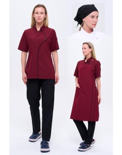 KADIN BORDO MODERN AŞÇI CEKET ve ÖNLÜK -SİYAH BİYE /SİYAH ÜÇGEN BONE ve PANTOLON SET - SiyahBiye-Bordo